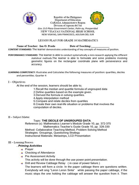 decile for ungrouped data lesson plan|Detailed Lesson Plan in Math 10 (The Deciles For Ungrouped .